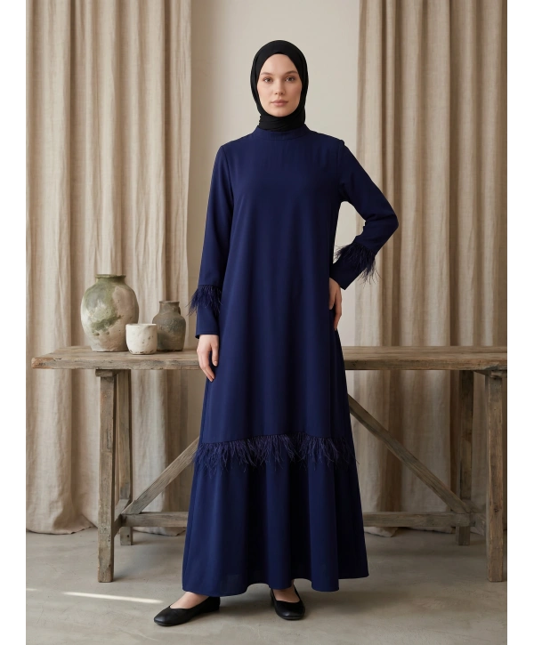 Tüy Detaylı Zarif Elbise / Lacivert - E0133