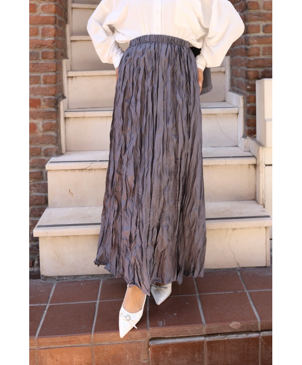 Beli Lastikli Kırışık Kraş Etek - Gri / A0101