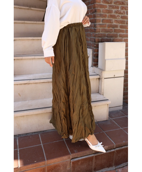 Beli Lastikli Kırışık Kraş Etek - Hardal / A0101