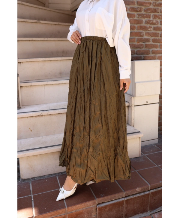 Beli Lastikli Kırışık Kraş Etek - Hardal / A0101