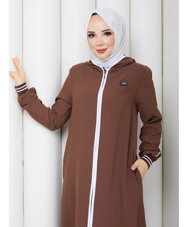 Biyeli Ribana Detaylı Ferace - Kahve / F0128