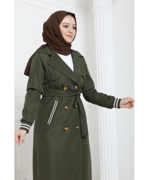 Bondit Kumaş Ribanalı Uzun Boy Trençkot / Haki - M0110