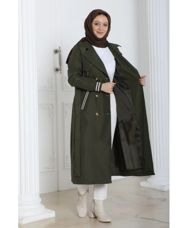 Bondit Kumaş Ribanalı Uzun Boy Trençkot / Haki - M0110