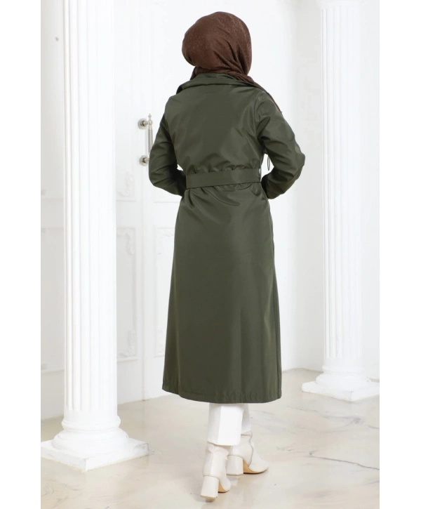 Bondit Kumaş Ribanalı Uzun Boy Trençkot / Haki - M0110