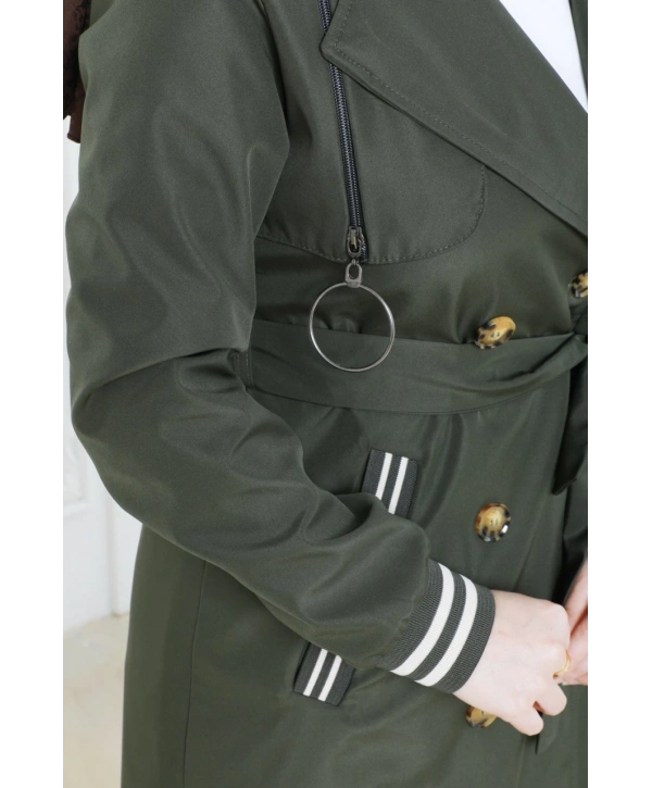 Bondit Kumaş Ribanalı Uzun Boy Trençkot / Haki - M0110