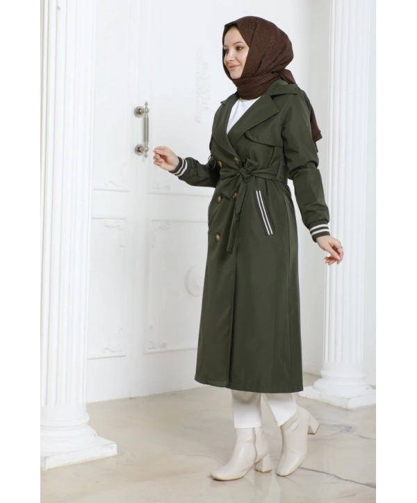Bondit Kumaş Ribanalı Uzun Boy Trençkot / Haki - M0110