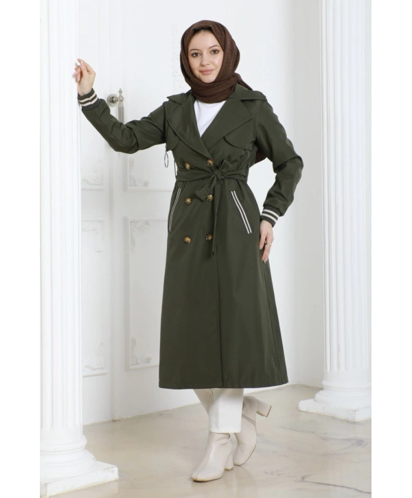 Bondit Kumaş Ribanalı Uzun Boy Trençkot / Haki - M0110