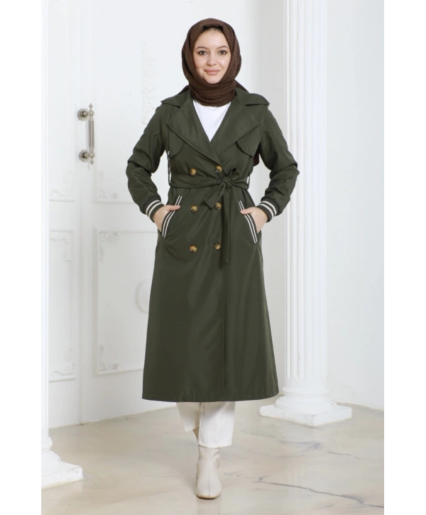 Bondit Kumaş Ribanalı Uzun Boy Trençkot / Haki - M0110