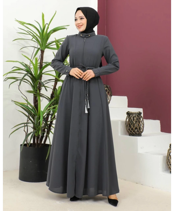 Burgu Kemerli Dokuma Kumaş Mevsimlik Mevlana Ferace - Antrasit / F0131