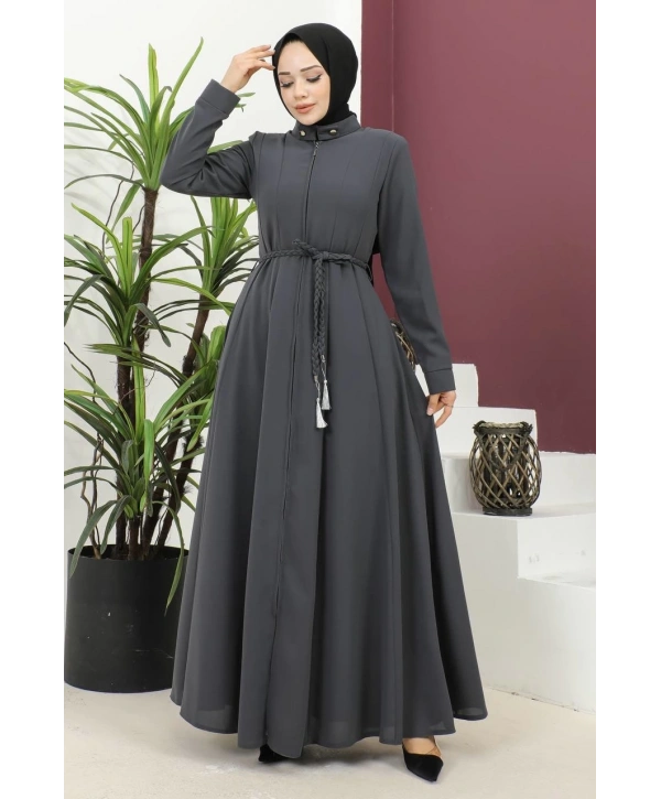 Burgu Kemerli Dokuma Kumaş Mevsimlik Mevlana Ferace - Antrasit / F0131