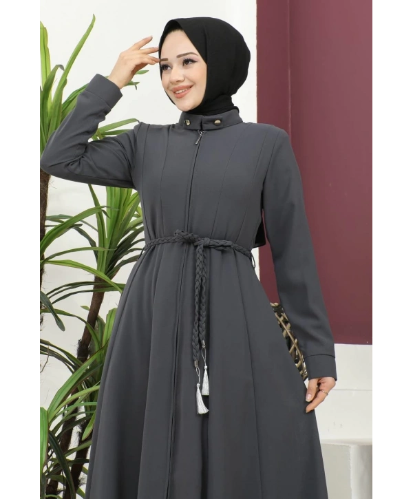 Burgu Kemerli Dokuma Kumaş Mevsimlik Mevlana Ferace - Antrasit / F0131