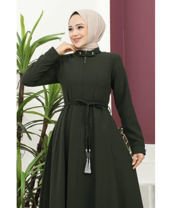 Burgu Kemerli Dokuma Kumaş Mevsimlik Mevlana Ferace - Haki / F0131