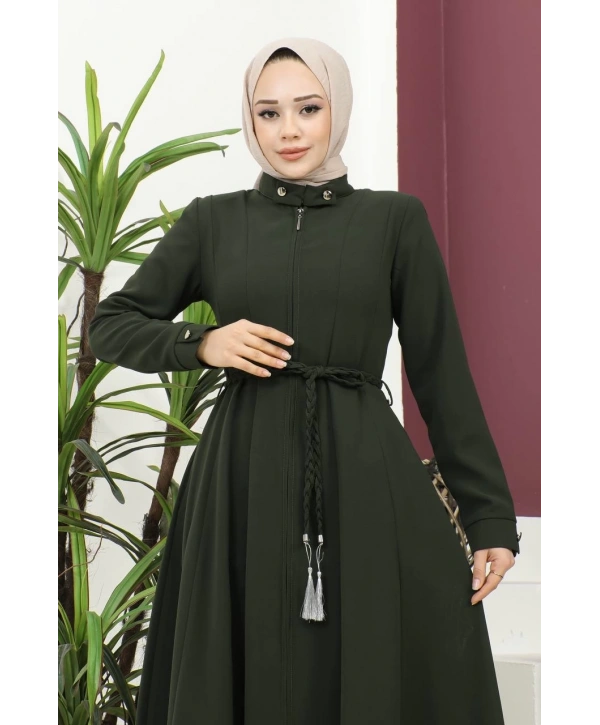 Burgu Kemerli Dokuma Kumaş Mevsimlik Mevlana Ferace - Haki / F0131