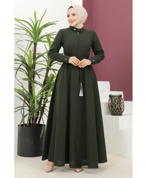 Burgu Kemerli Dokuma Kumaş Mevsimlik Mevlana Ferace - Haki / F0131