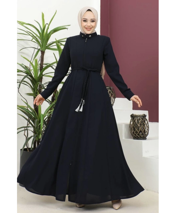 Burgu Kemerli Dokuma Kumaş Mevsimlik Mevlana Ferace - Lacivert / F0131