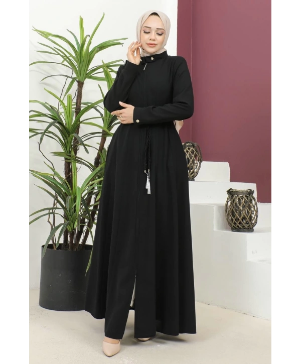 Burgu Kemerli Dokuma Kumaş Mevsimlik Mevlana Ferace - Siyah / F0131