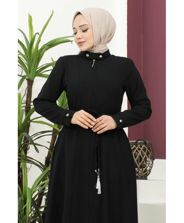 Burgu Kemerli Dokuma Kumaş Mevsimlik Mevlana Ferace - Siyah / F0131