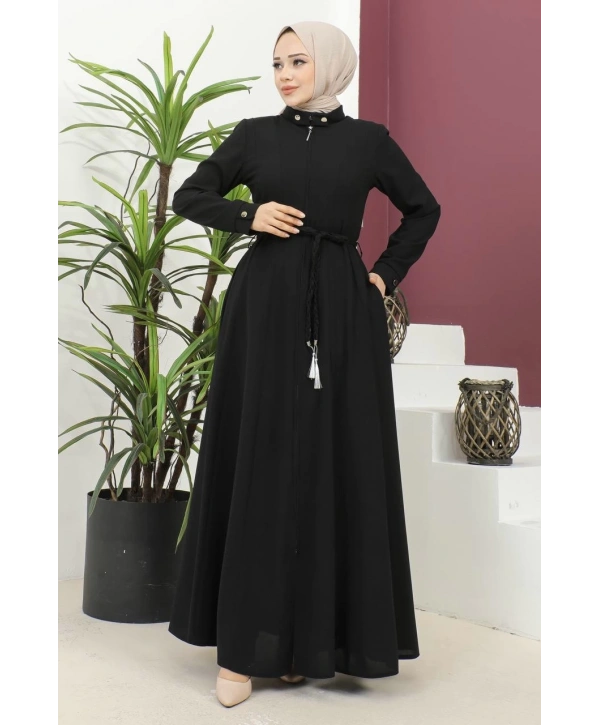 Burgu Kemerli Dokuma Kumaş Mevsimlik Mevlana Ferace - Siyah / F0131