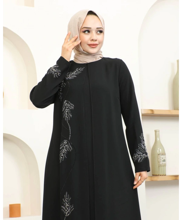 Büyük Beden Taş Detaylı Anne Elbisesi - Siyah / E0129