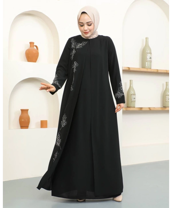 Büyük Beden Taş Detaylı Anne Elbisesi - Siyah / E0129