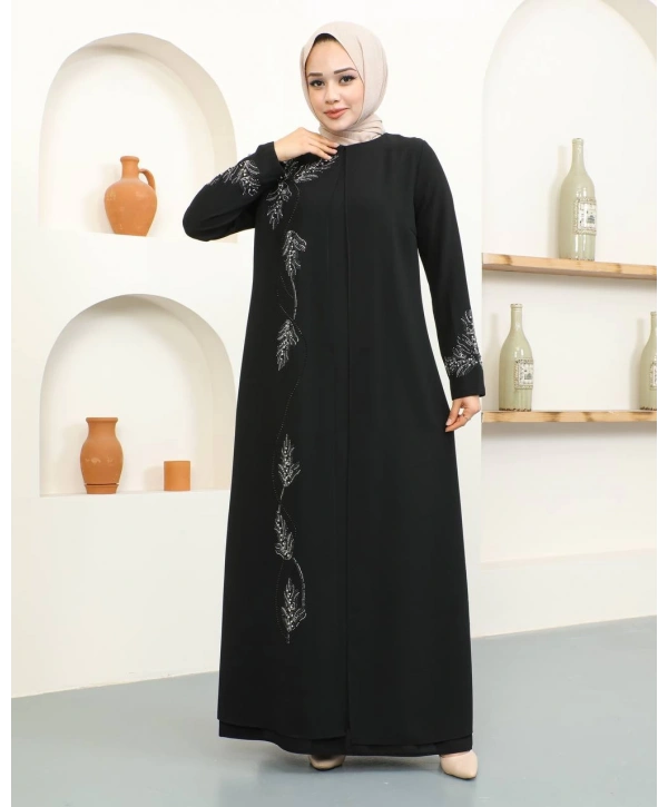 Büyük Beden Taş Detaylı Anne Elbisesi - Siyah / E0129