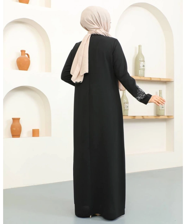 Büyük Beden Taş Detaylı Anne Elbisesi - Siyah / E0129