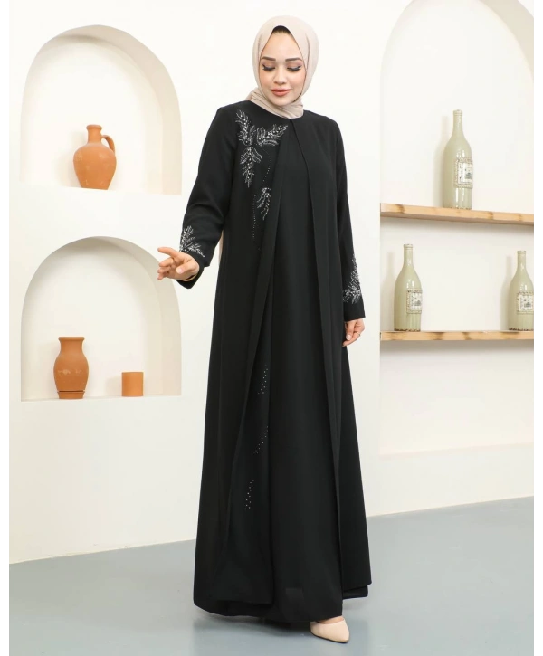 Büyük Beden Taş Detaylı Anne Elbisesi - Siyah / E0129