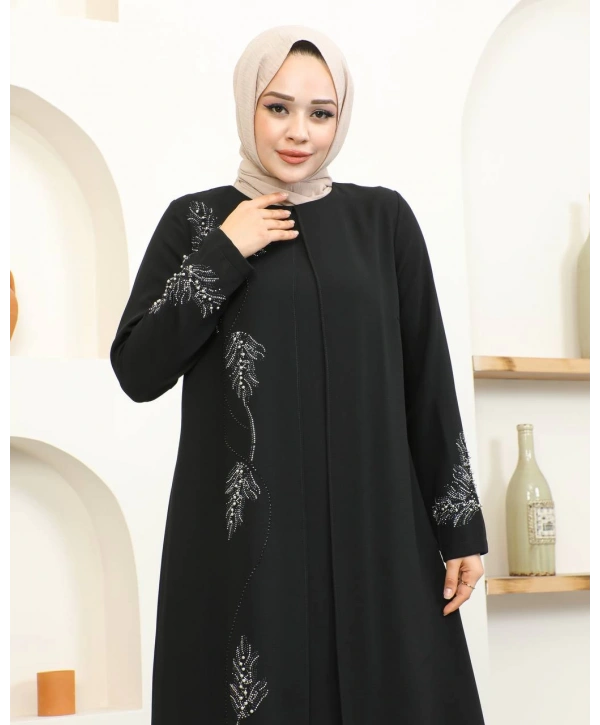 Büyük Beden Taş Detaylı Anne Elbisesi - Siyah / E0129