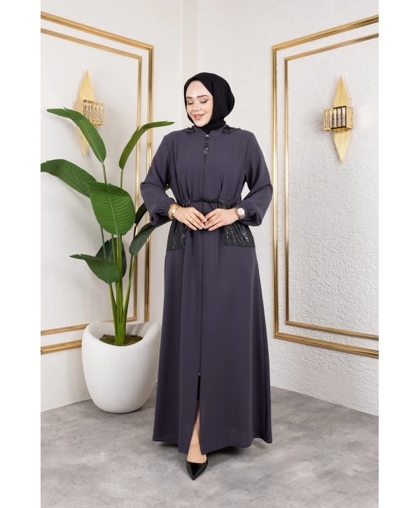 Cep Detaylı Bağlamalı Ferace - Antrasit / F0138