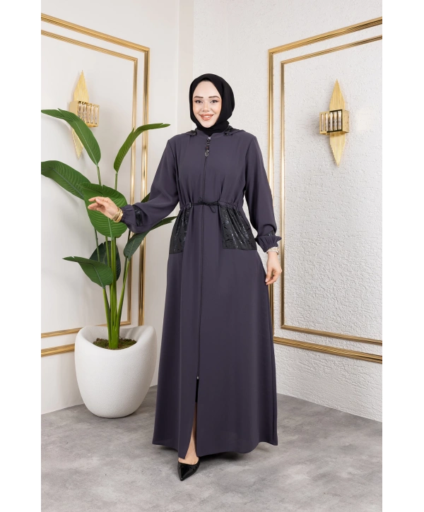 Cep Detaylı Bağlamalı Ferace - Antrasit / F0138