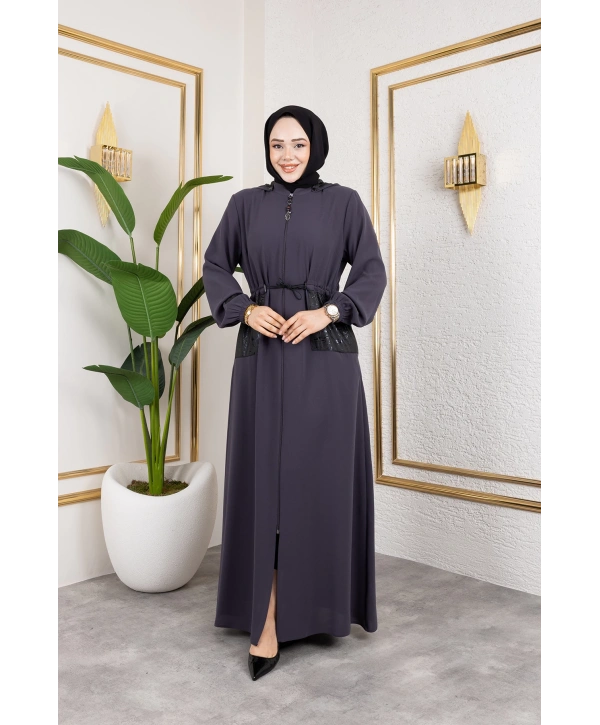 Cep Detaylı Bağlamalı Ferace - Antrasit / F0138