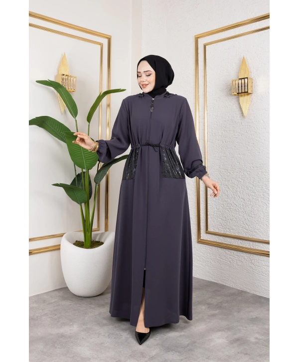 Cep Detaylı Bağlamalı Ferace - Antrasit / F0138