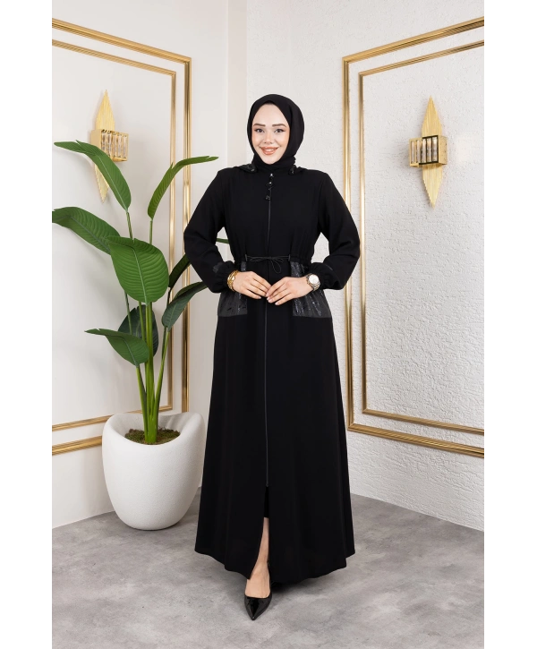 Cep Detaylı Bağlamalı Ferace - Siyah / F0138