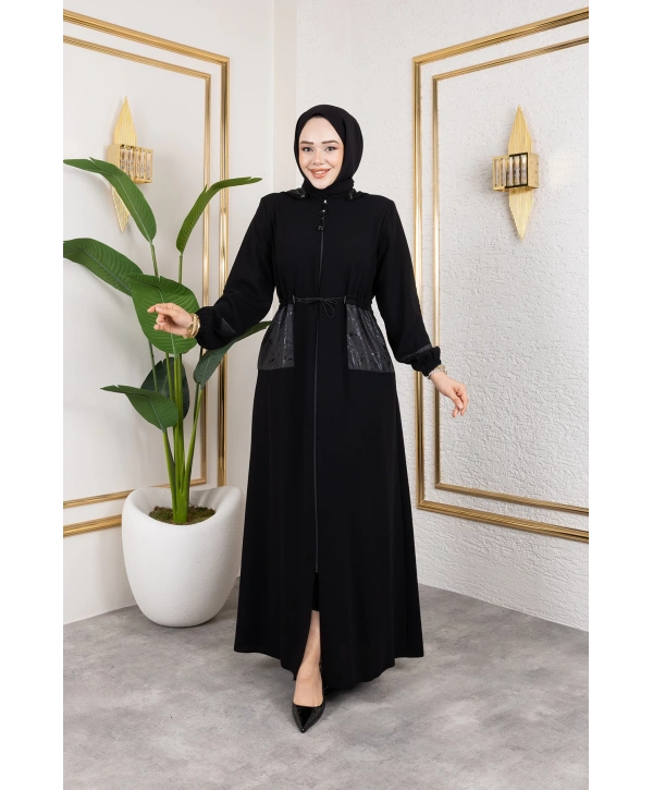 Cep Detaylı Bağlamalı Ferace - Siyah / F0138