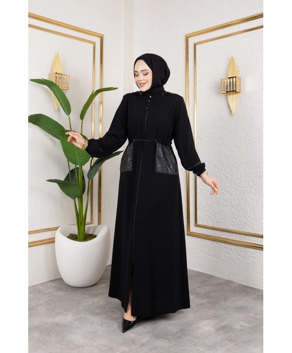 Cep Detaylı Bağlamalı Ferace - Siyah / F0138