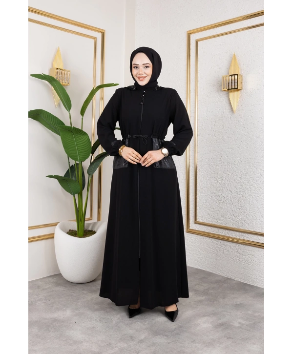 Cep Detaylı Bağlamalı Ferace - Siyah / F0138