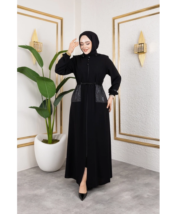 Cep Detaylı Bağlamalı Ferace - Siyah / F0138
