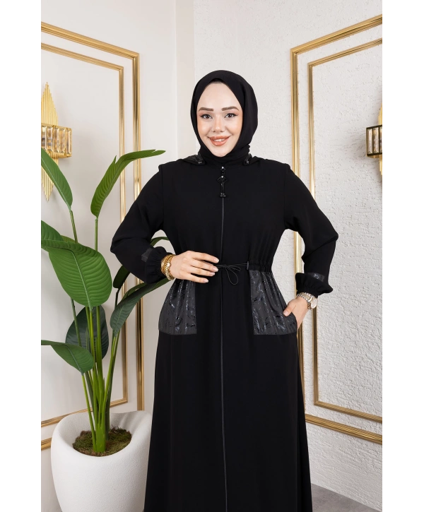 Cep Detaylı Bağlamalı Ferace - Siyah / F0138