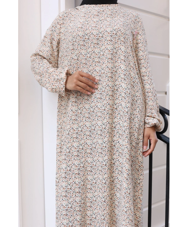 Çiçek Desenli  Viskon Elbise - Bej / E0128