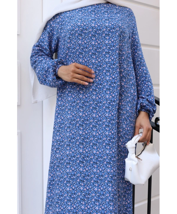 Çiçek Desenli Viskon Elbise - Mavi / E0128