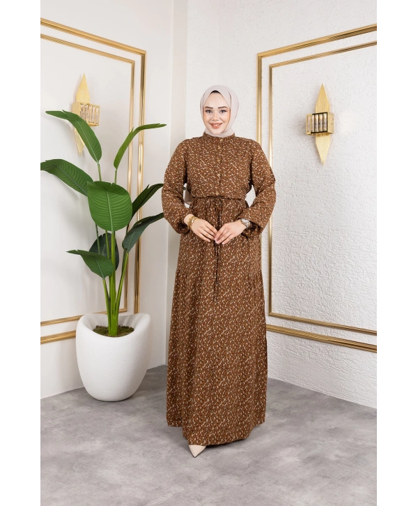 Çıtır Desen Viskon Elbise - Kahverengi / E0127