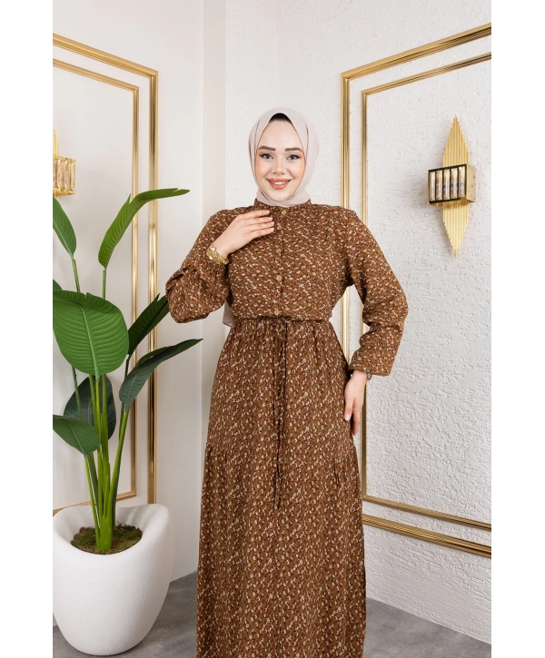 Çıtır Desen Viskon Elbise - Kahverengi / E0127