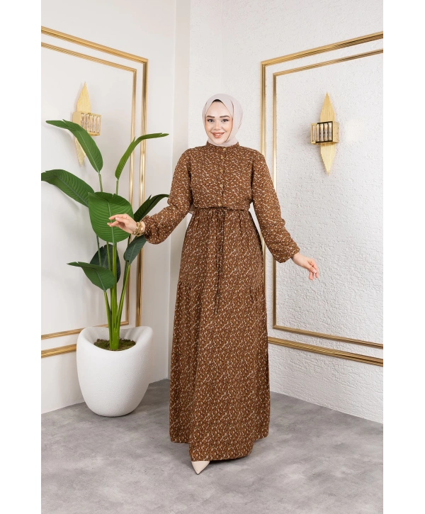 Çıtır Desen Viskon Elbise - Kahverengi / E0127