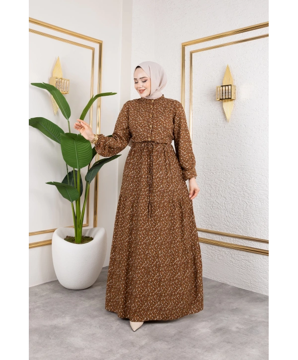 Çıtır Desen Viskon Elbise - Kahverengi / E0127