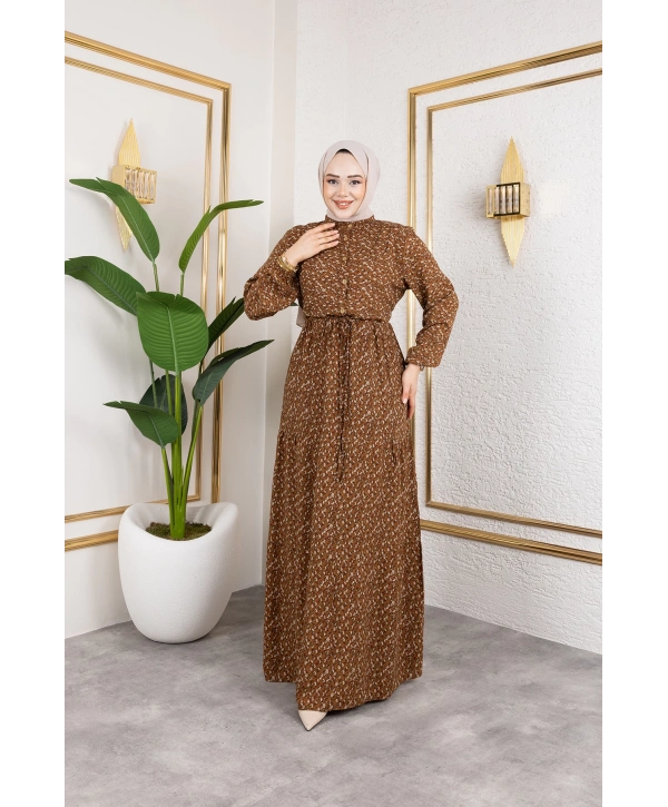 Çıtır Desen Viskon Elbise - Kahverengi / E0127