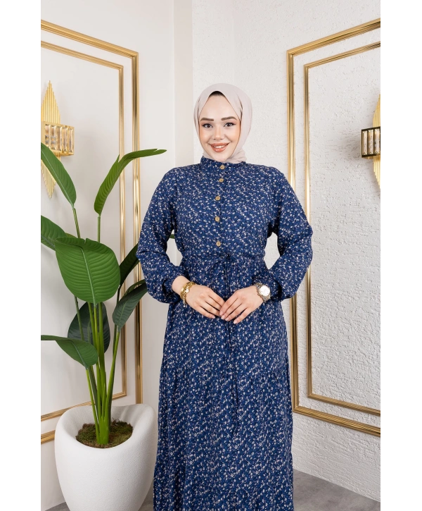 Çıtır Desen Viskon Elbise - Lacivert / E0127