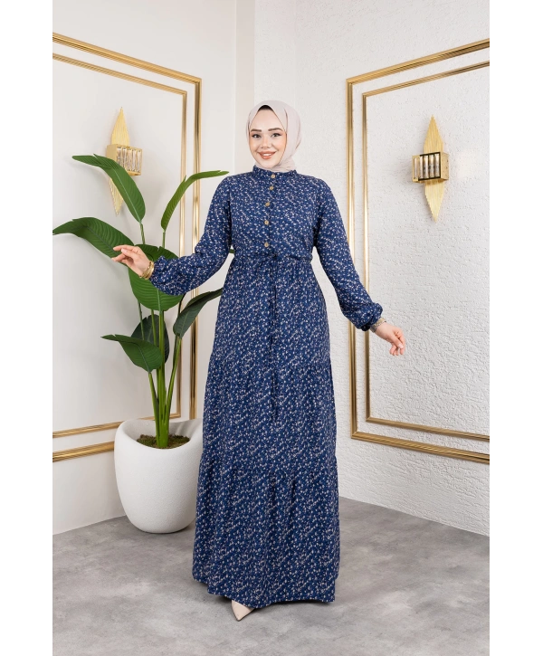 Çıtır Desen Viskon Elbise - Lacivert / E0127