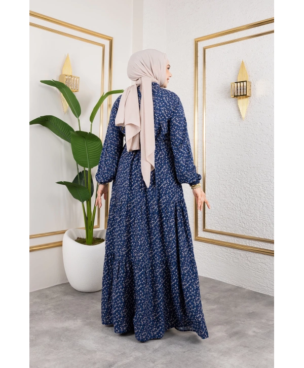 Çıtır Desen Viskon Elbise - Lacivert / E0127