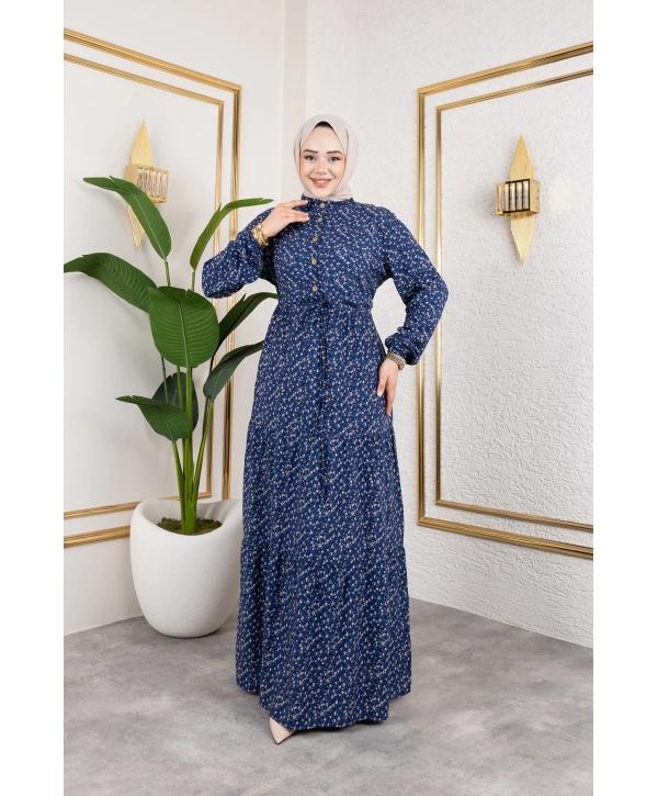 Çıtır Desen Viskon Elbise - Lacivert / E0127