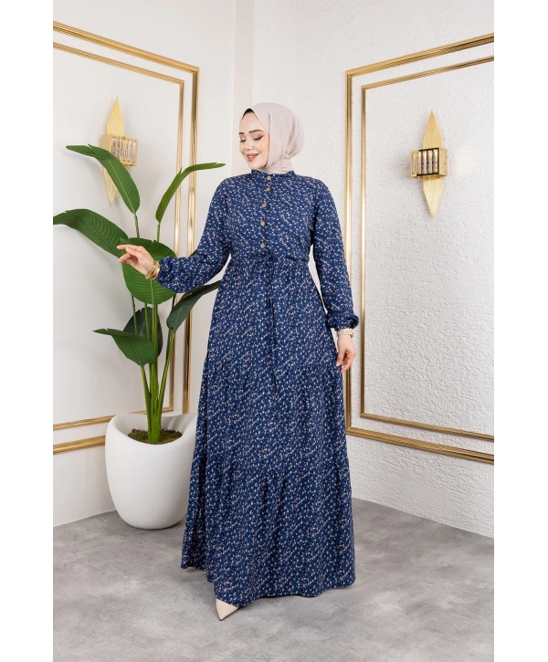 Çıtır Desen Viskon Elbise - Lacivert / E0127